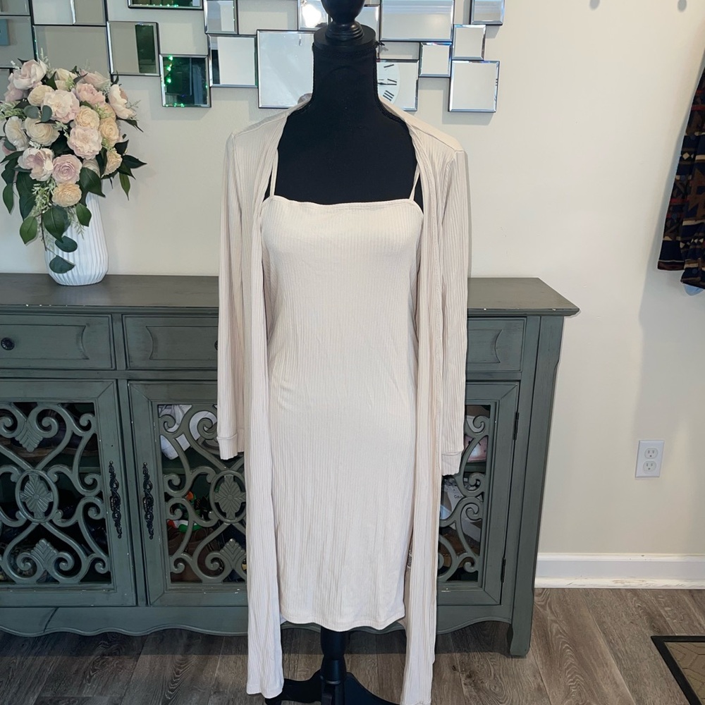 SHEIN Maternity Beige Ribbed Dress and Cardian